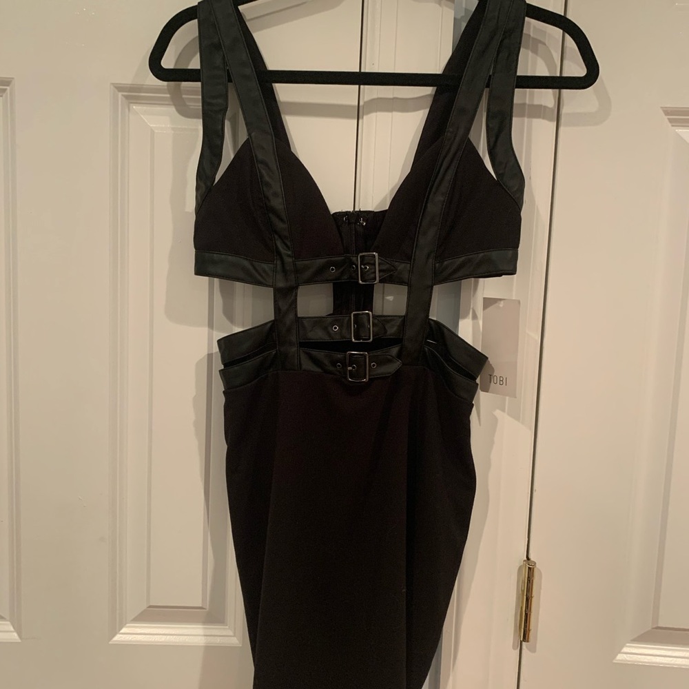 Black short cut out dress with leather